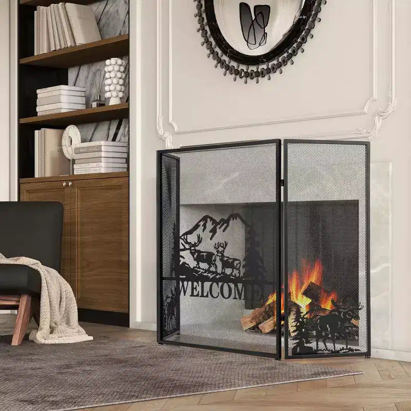 52"x31" 3-Panel Fireplace Screen Spark Guard Moose Pattern