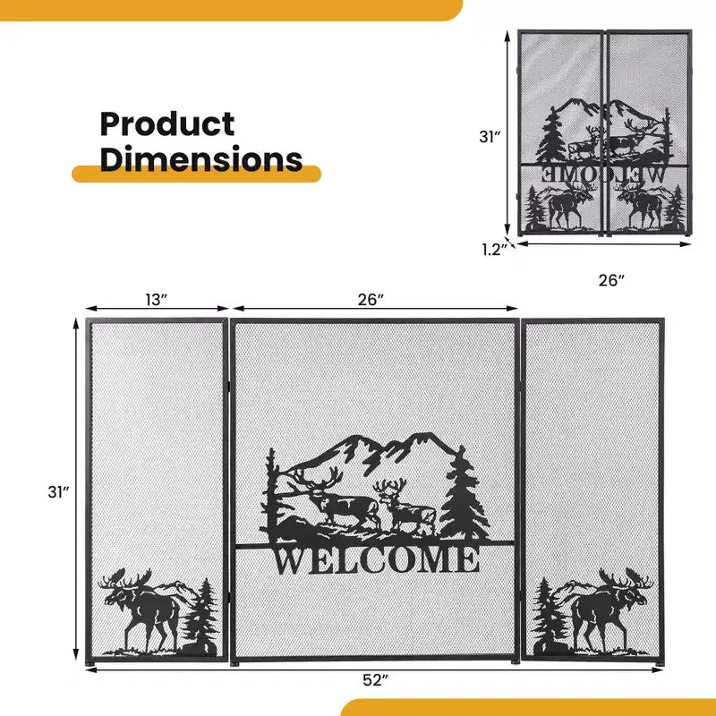 52"x31" 3-Panel Fireplace Screen Spark Guard Moose Pattern