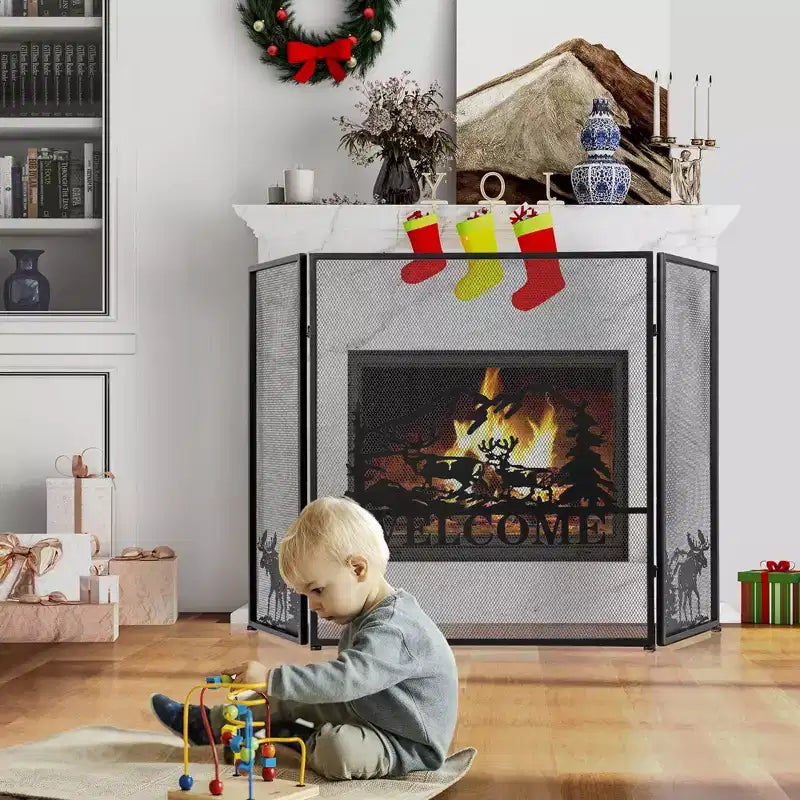 52"x31" 3-Panel Fireplace Screen Spark Guard Moose Pattern