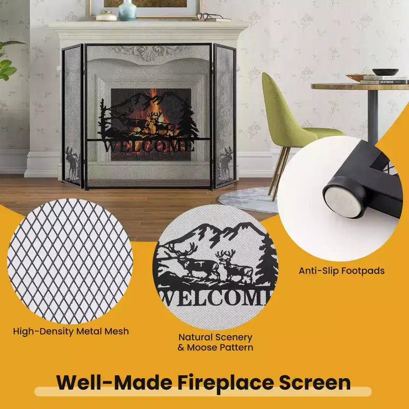 52"x31" 3-Panel Fireplace Screen Spark Guard Moose Pattern