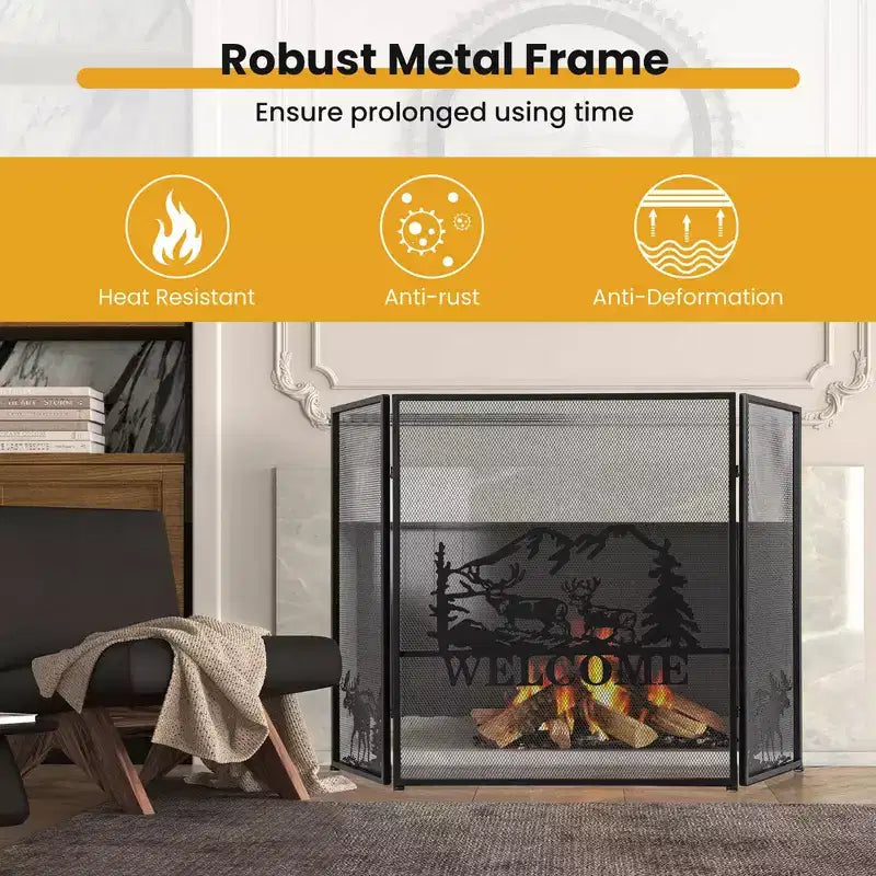 52"x31" 3-Panel Fireplace Screen Spark Guard Moose Pattern