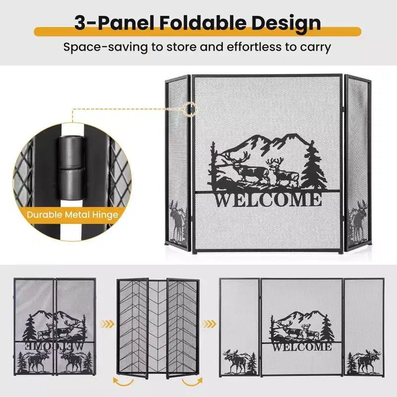 52"x31" 3-Panel Fireplace Screen Spark Guard Moose Pattern