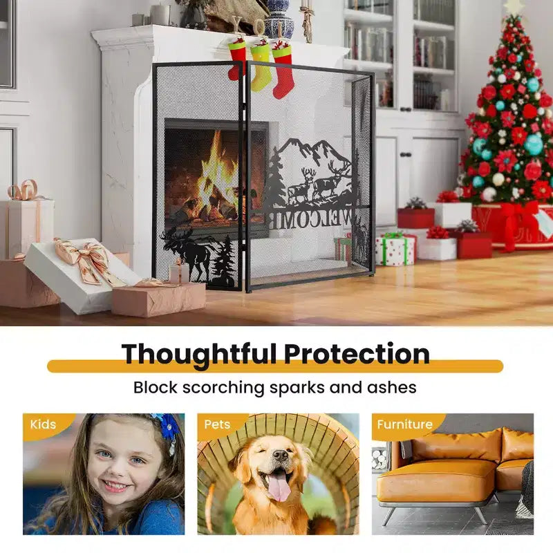 52"x31" 3-Panel Fireplace Screen Spark Guard Moose Pattern